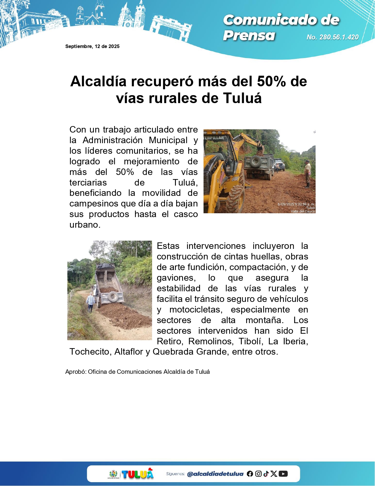 Alcaldía recuperó más del 50% de vías rurales de Tuluá