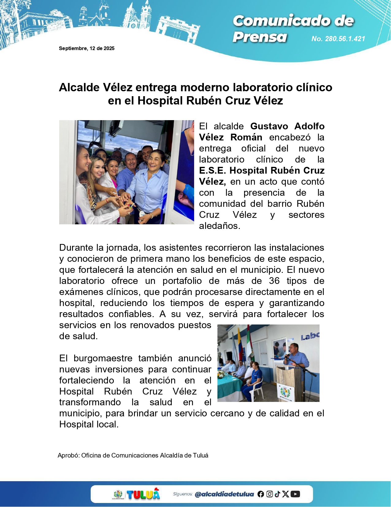 Alcalde Vélez entrega moderno laboratorio clínico en el Hospital Rubén Cruz Vélez
