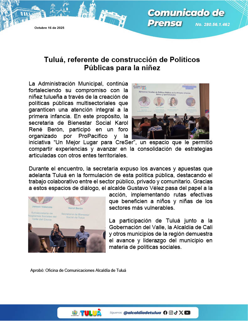Tuluá, referente de construcción de Políticas Públicas para la niñez