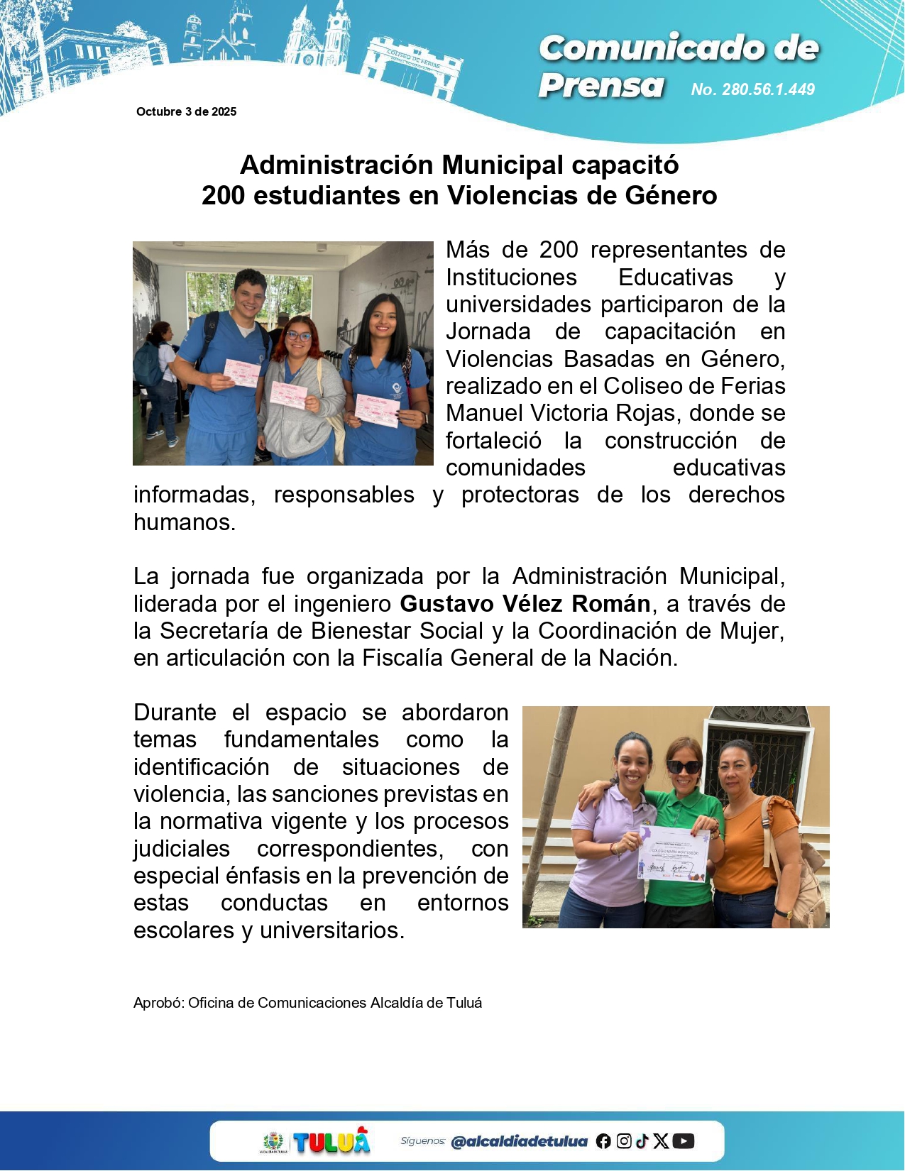 En Tuluá la Administración Municipal capacitó 200 estudiantes en Violencias de Género