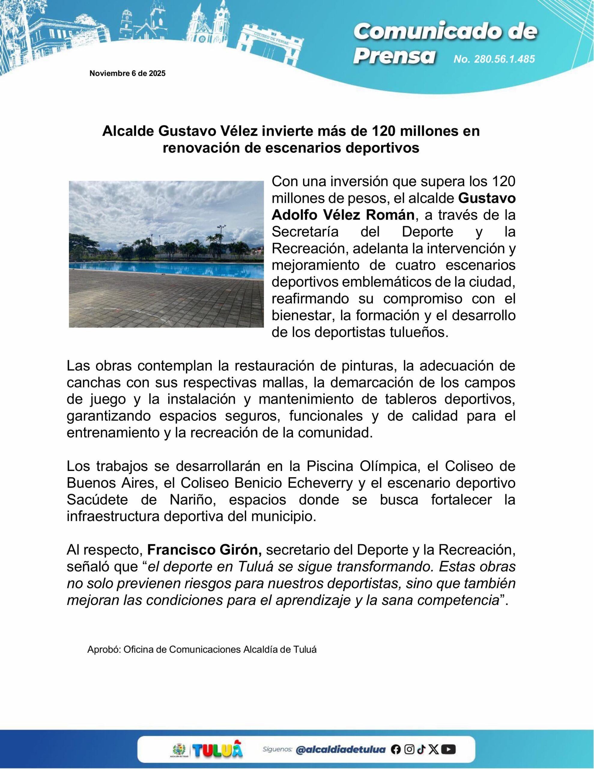 Alcalde Gustavo Vélez invierte más de 120 millones en renovación de escenarios deportivos