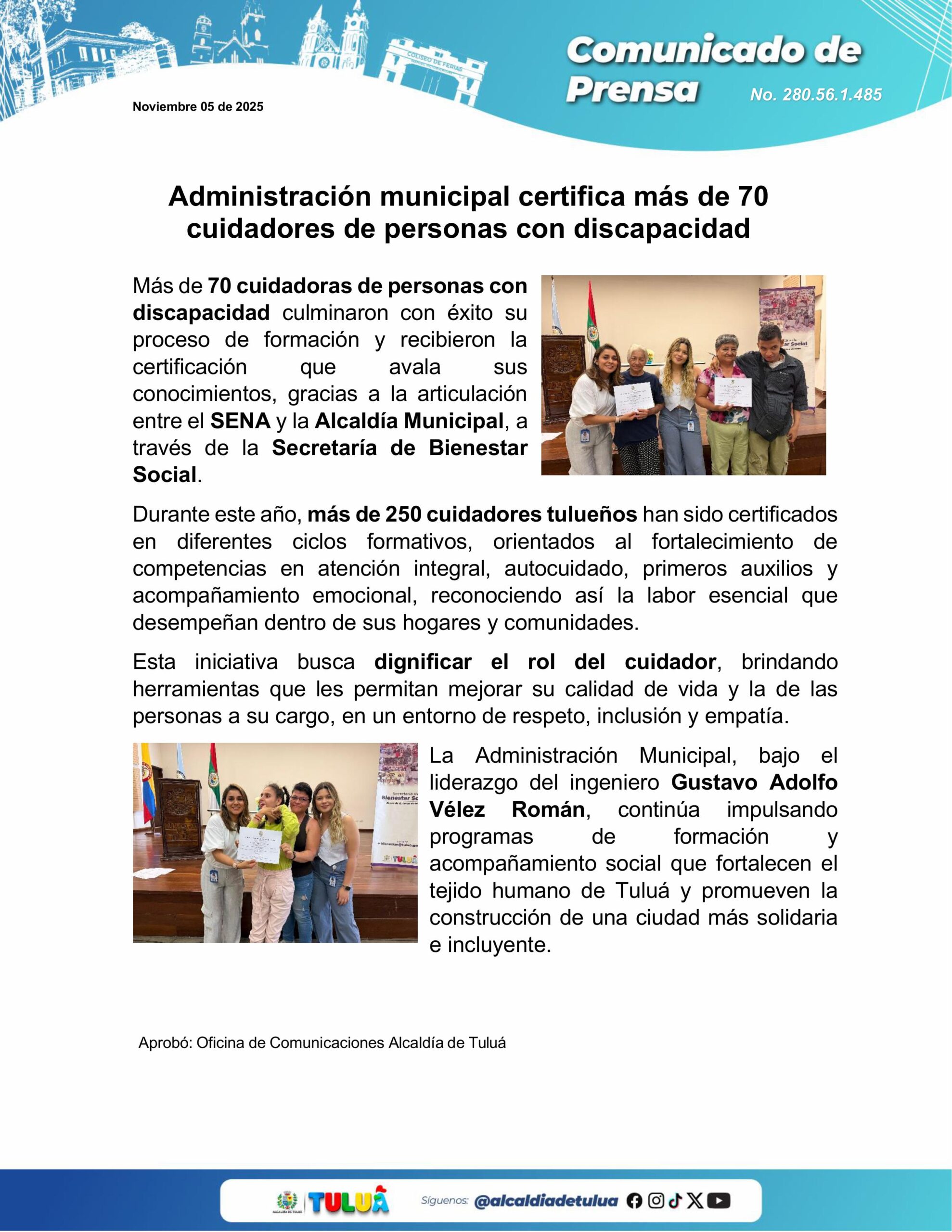 Administración municipal certifica más de 70 cuidadores de personas con discapacidad