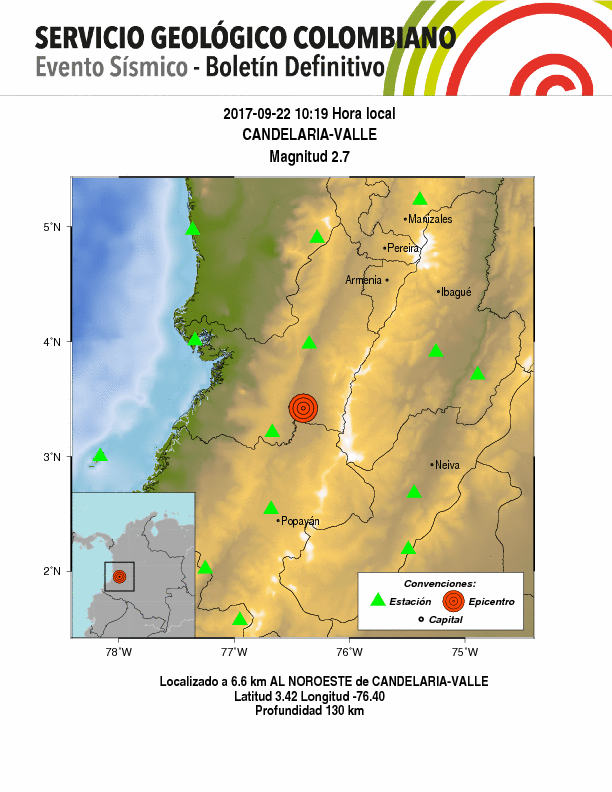 Temblor en Colombia con epicentro en Candelaria-Valle del Cauca