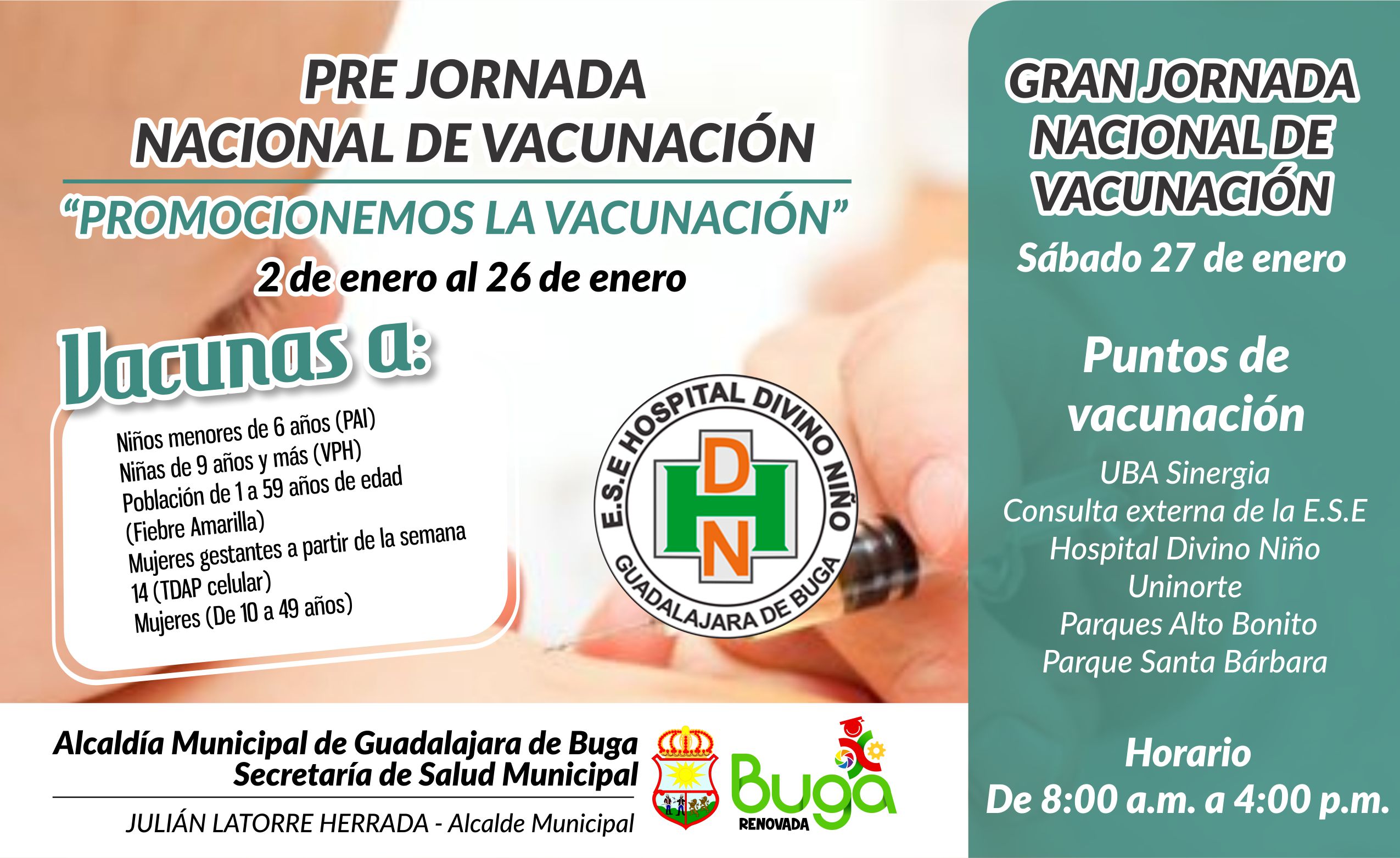 En Buga primera jornada nacional de vacunación este sábado 27 de enero de 2018