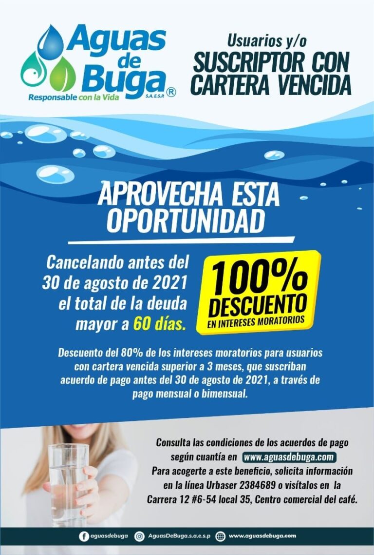 Descuento y acuerdos de pago para usuarios de Aguas de Buga S.A. E.S.P., con cartera vencida