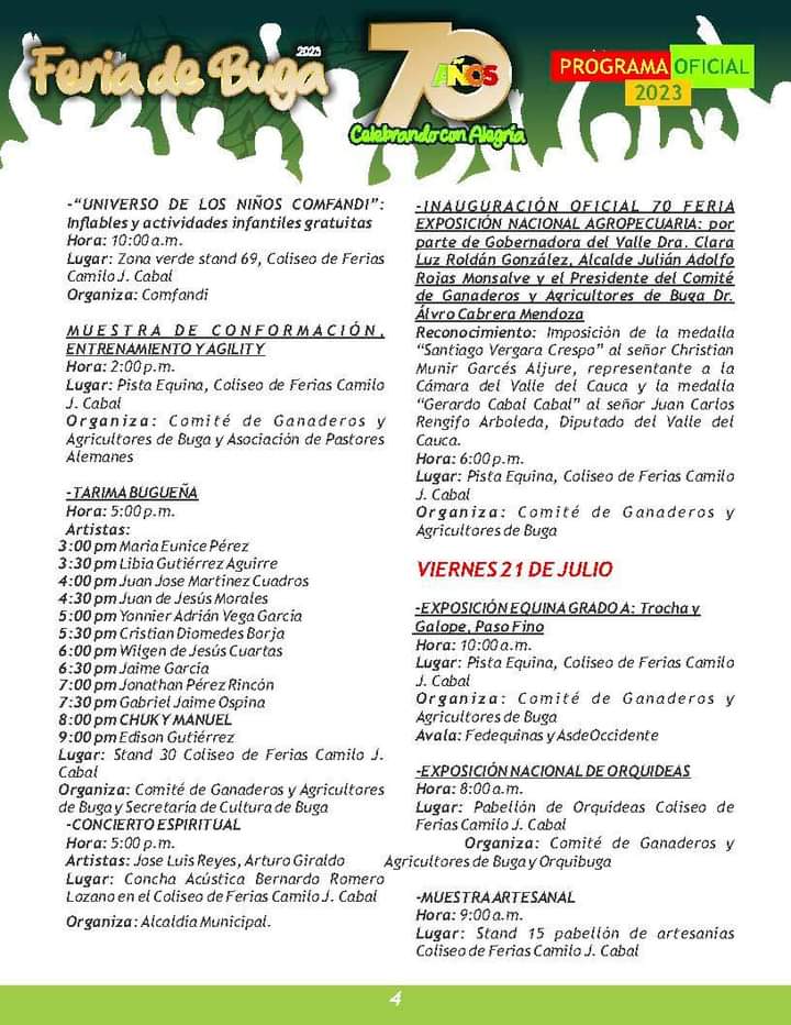 Programación de la Feria de Buga 2023 versión 70