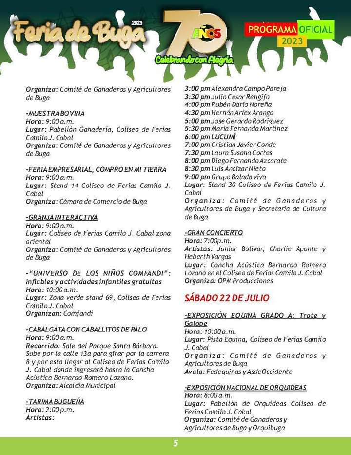 Programación de la Feria de Buga 2023 versión 70