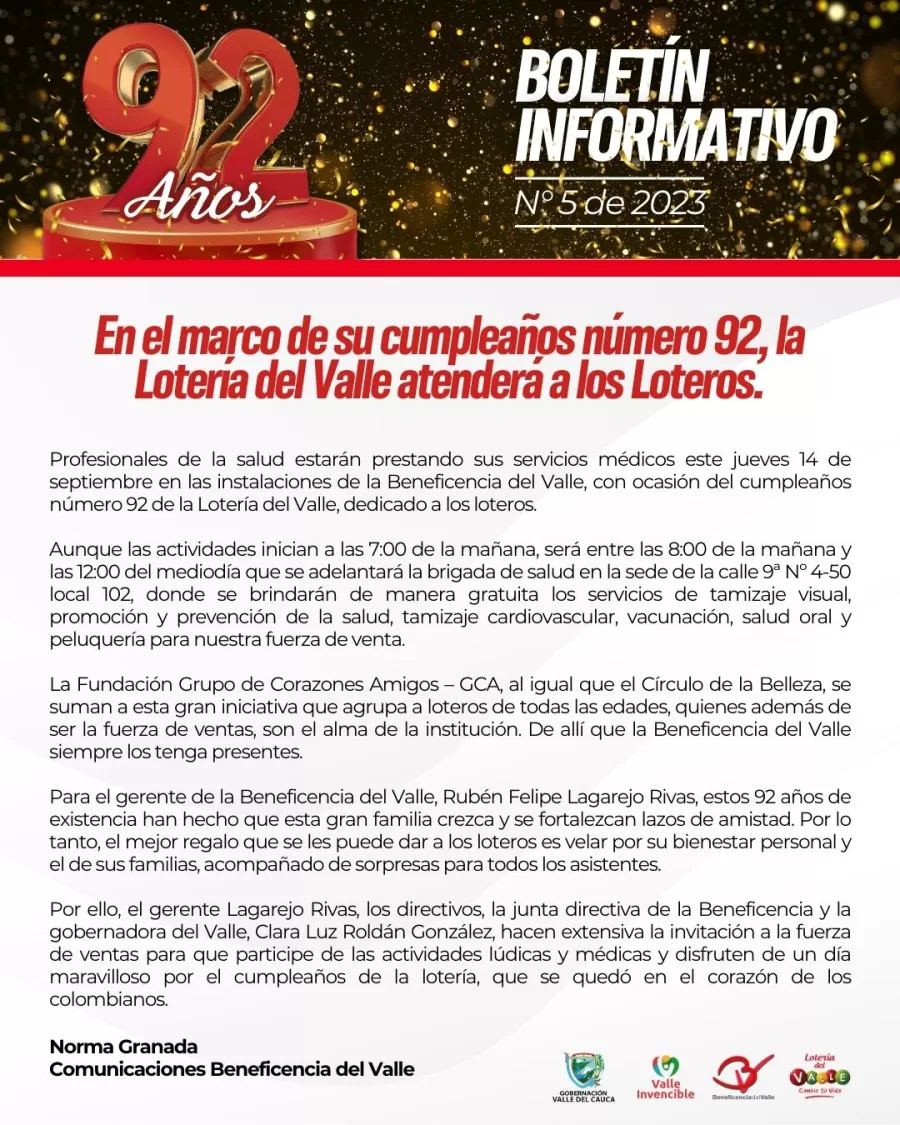 En el marco de su cumpleaños número 92, la Loteria del Valle atenderá a los Loteros