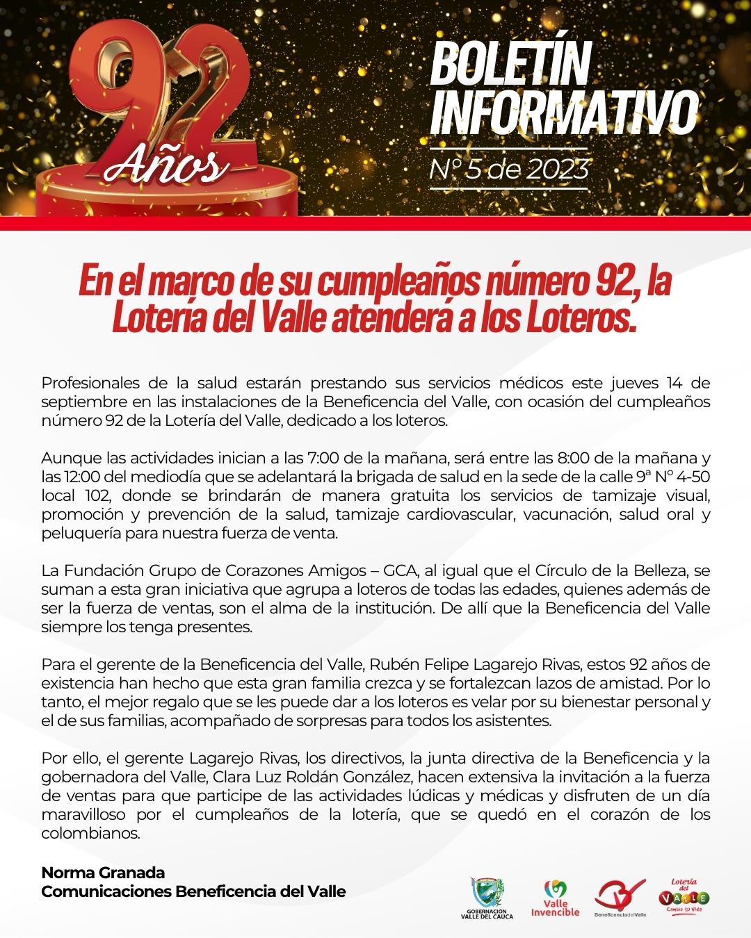 En el marco de su cumpleaños número 92, la Loteria del Valle atenderá a los Loteros En el marco de su cumpleaños número 92, la Loteria del Valle atenderá a los Loteros