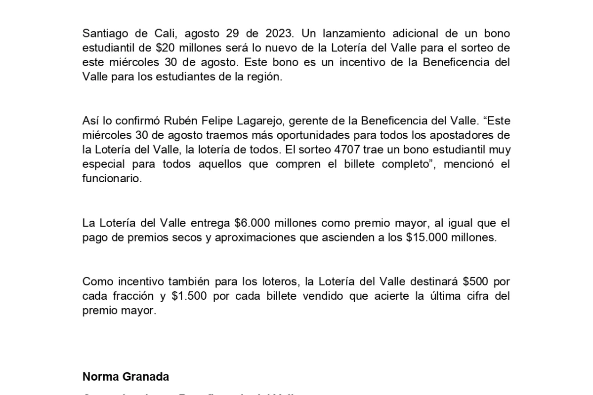 Lotería del Valle llega este miércoles 30 de agosto con un bono estudiantil por $20 millones