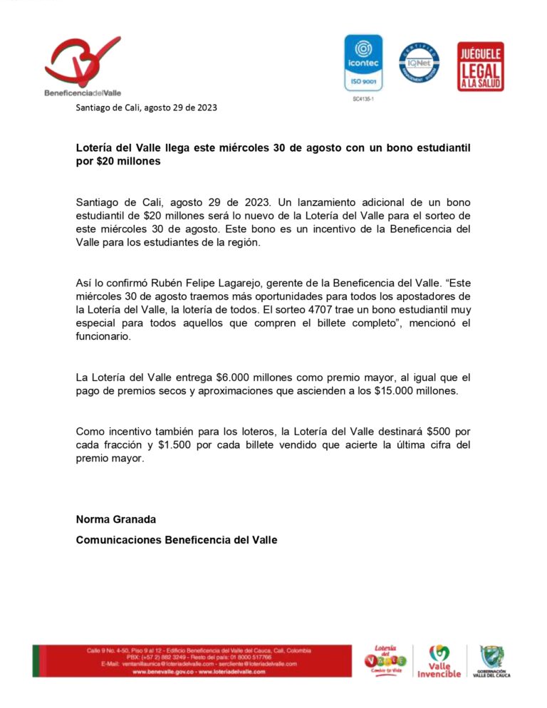 Lotería del Valle llega este miércoles 30 de agosto con un bono estudiantil por $20 millones Lotería del Valle llega este miércoles 30 de agosto con un bono estudiantil por $20 millones