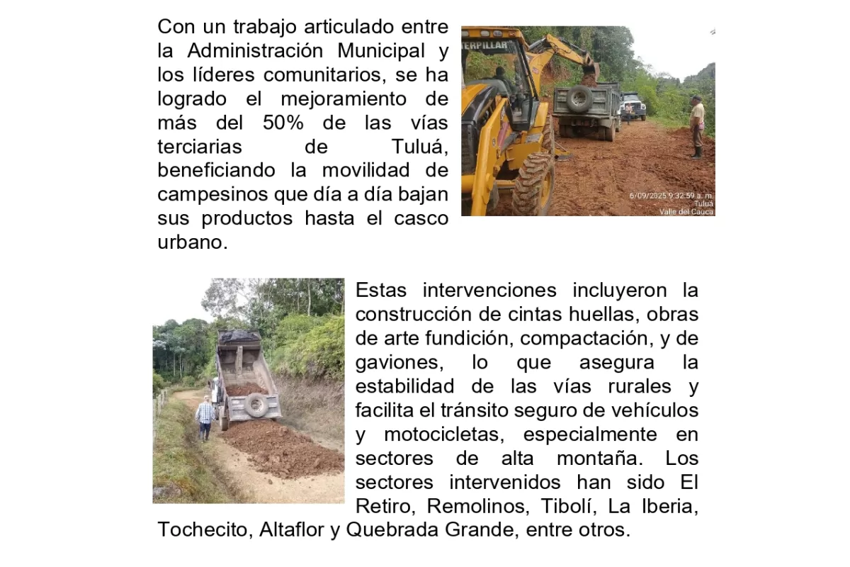 Alcaldía recuperó más del 50% de vías rurales de Tuluá