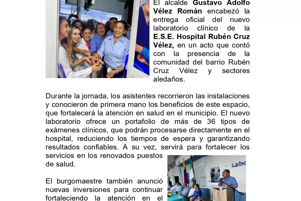 Alcalde Vélez entrega moderno laboratorio clínico en el Hospital Rubén Cruz Vélez