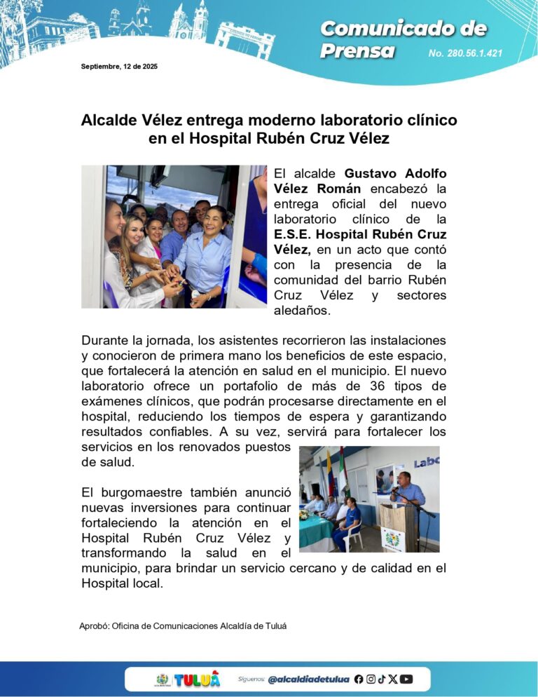 Alcalde Vélez entrega moderno laboratorio clínico en el Hospital Rubén Cruz Vélez Alcalde Vélez entrega moderno laboratorio clínico en el Hospital Rubén Cruz Vélez
