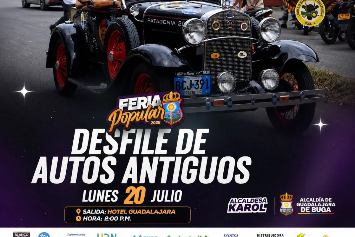 RECORRIDO OFICIAL: DESFILE DE AUTOS ANTIGUOS – FERIA 73 DE BUGA. HORA DE SALIDA 2 PM. Fecha lunes 20 de julio de 2026.